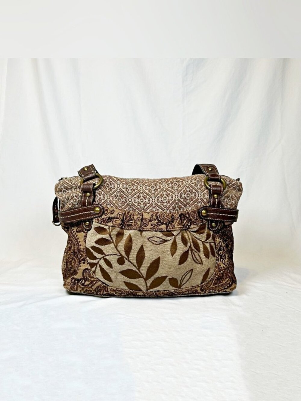 Vintage Fossil Brown Woven Paisley Leaves Tapestry Leather Boho Hobo Bag